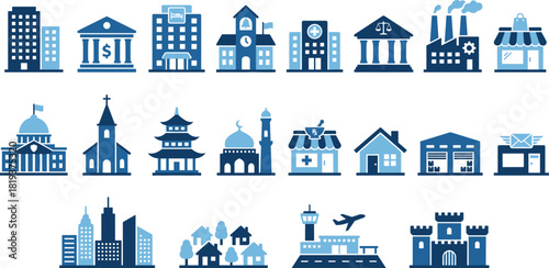 Building, City, Institution, Bank, Hospital, School, Religion, Landmark, Icon, Structure, Vector, Urban