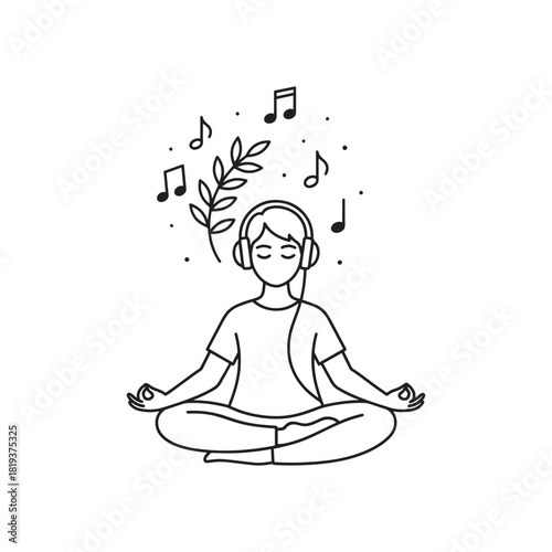 Person meditating in lotus pose with headphones, enjoying music and nature, isolated on
