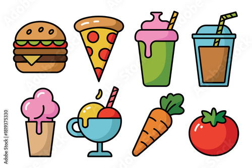 A collection of colorful, stylized illustrations of popular food items is displayed.