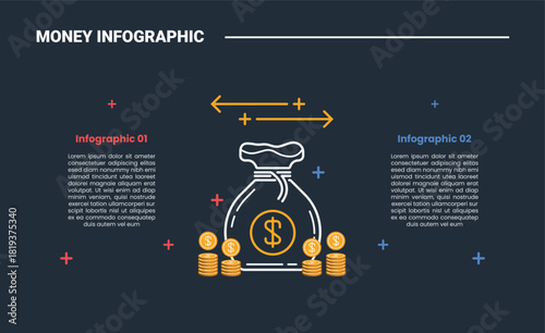Financial money infographic process diagram with money bag comparison versus opposite direction with dark background bright outline style 2 points