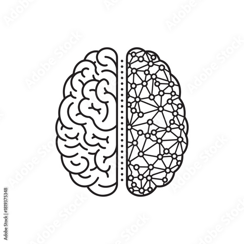 Brain icon showing organic left hemisphere and digital network right hemisphere, isolated on