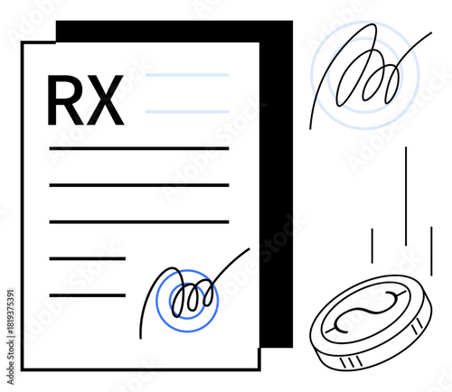 Doctor-signed prescription document with falling coin symbolizing healthcare expenses, value, or affordability. Ideal for health, finance, policy, economics, cost awareness, medicine and insurance