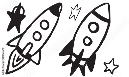Fun rocket doodle clipart set featuring cute hand-drawn spaceships, stars, and fire details in colorful and black-and-white styles — ideal for kids’ crafts, coloring pages, and space-themed projects.