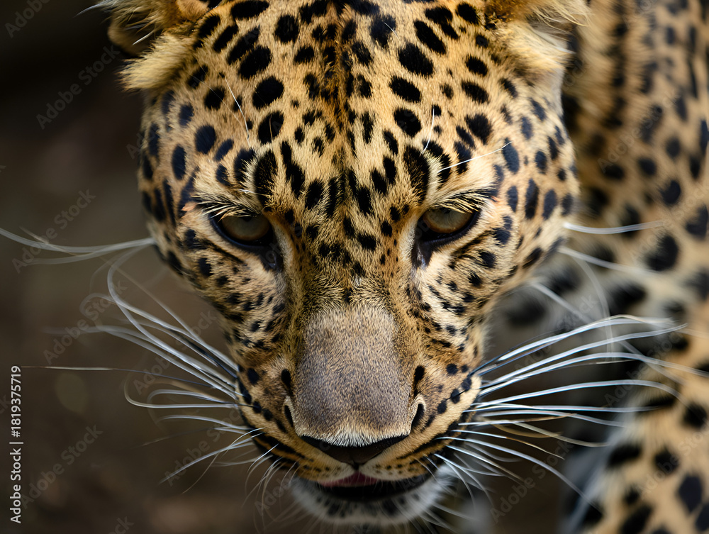 Naklejka premium Intense close-up portrait of a leopard with striking eyes and spotted fur