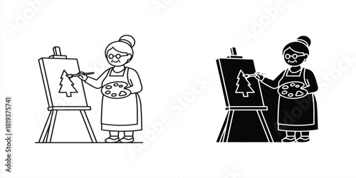 Elderly woman painting a christmas tree on an easel, holding a palette and brush, isolated on
