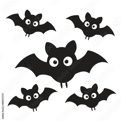 Five cute black cartoon bats with big eyes flying, perfect for Halloween decorations or spooky themes.
