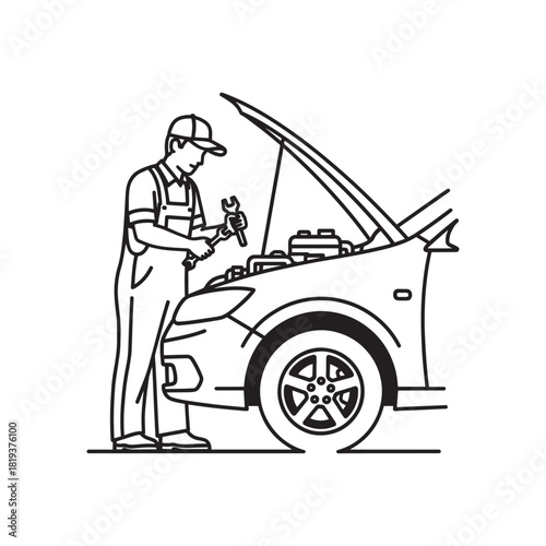 Mechanic working on a car engine with a wrench, performing auto repair and maintenance service, isolated on