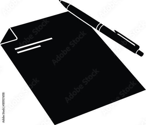 Black and silhouette icon depicting a piece of paper with a folded corner and a pen resting diagonally across the top right corner