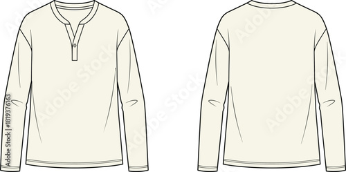 Henley, Shirt, Long-Sleeve, Apparel, Garment, Fashion, Technical, Flat, Sketch, Drawing, Outline, Vector