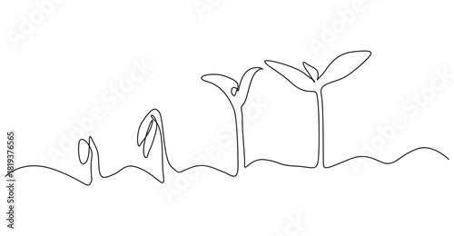 This minimalist line art illustration depicts the life cycle of a plant, starting from a seed sprouting, growing into a seedling, and finally maturing into a fully grown plant isolated on