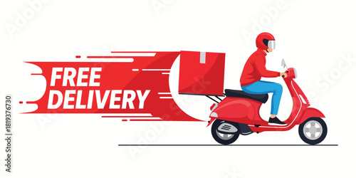 Fast free delivery service by scooter or motorcycle, delivery man riding scooter on