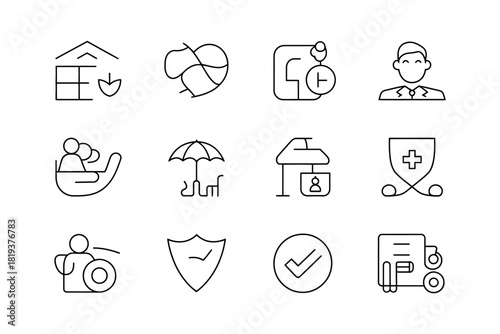A set of insurance icons represents various aspects of protection and security.
