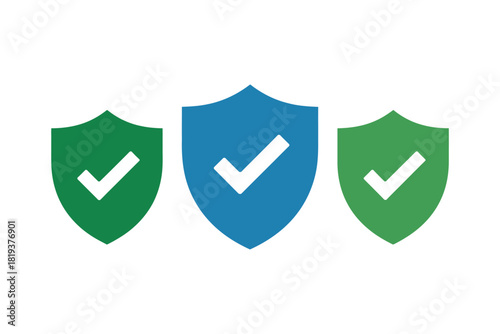 Three shields with checkmarks represent security and protection.