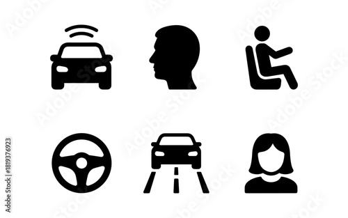 Set of car and people icons in black silhouette style for modern interface design