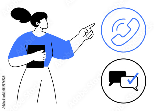 Woman holding a tablet pointing toward icons of a phone with sound waves and a message bubble with a checkmark. Ideal for communication, connection, customer service, teamwork, technology, support