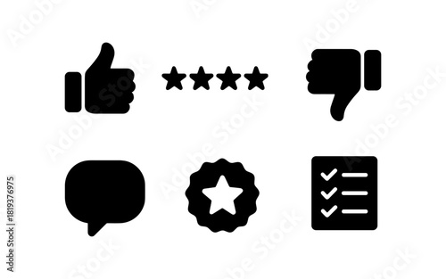Simple icon set: thumbs up, thumbs down, star rating, and checklist design