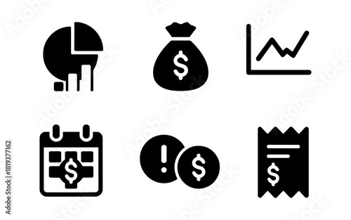 Finance icons set: money bag, graph, calendar, receipt, chart