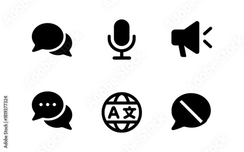 Communication icons set: speech bubbles, microphone, speaker, language globe, mute symbol