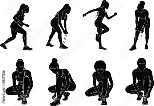 Women silhouette, fitness pose, running preparation, stretching exercise, resistance band workout, shoelace tying, active lifestyle, gym warmup, athletic training, health