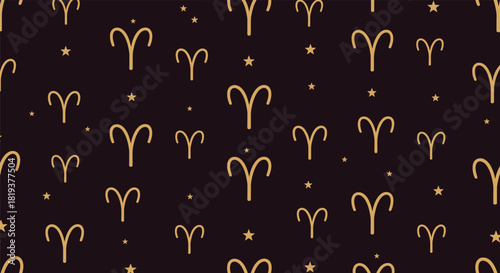 An elegant seamless astrological pattern featuring golden Aries zodiac symbols and stars on a dark background for horoscope lovers.