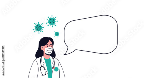 A female medical professional in a lab coat and face mask with a large blank speech bubble for health advice on viruses.