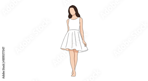 A minimalist and elegant illustration of a faceless woman with long brown hair wearing a simple white sleeveless summer dress.
