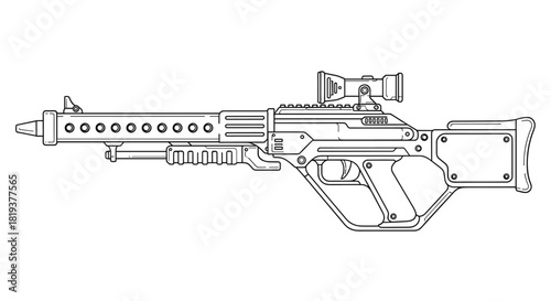 A detailed line art illustration of a futuristic science fiction assault rifle or laser blaster with a scope for concept art.
