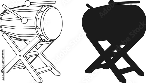 Coloring page of traditional drum with stand and drumsticks