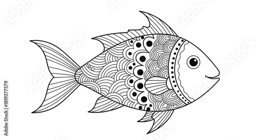 A beautifully detailed fish illustration with intricate zentangle and doodle patterns perfect for an adult coloring book page design.