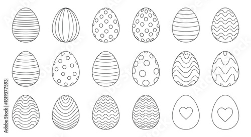 A huge and diverse set of twenty Easter eggs each decorated with a unique black and white line pattern for creative projects.