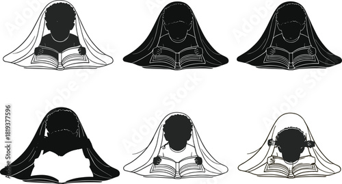 Women reading books, cultural diversity, education, head coverings, literacy illustration, veiled readers, front view, stylized portraits, inclusive design, empowerment