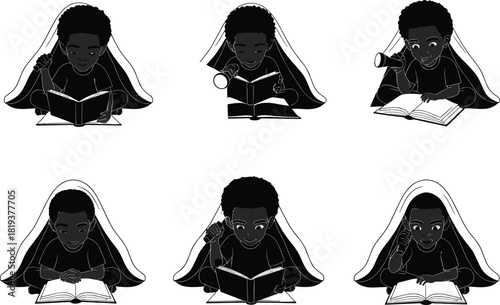 Child reading under blanket, cozy bedtime story, flashlight in hand, night imagination, curious kid, secret adventure, indoor quiet moment