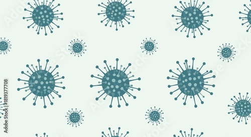 Seamless pattern background of stylized teal colored coronavirus or bacteria cells on a pale green background for medical design.