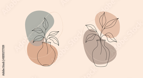 Minimalist one-line art drawings of a plant in a vase set against abstract muted color shapes for modern wall decor.