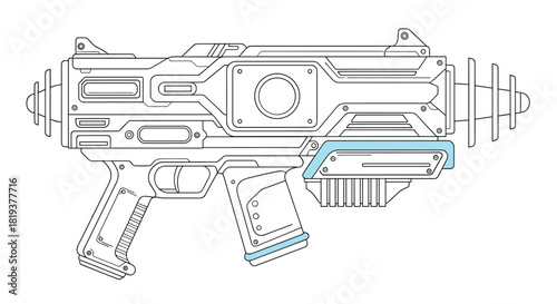 Detailed black and white line art illustration of a futuristic science fiction laser gun or blaster weapon on a white background.