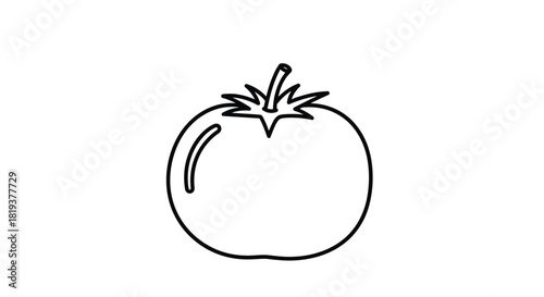 Simple black outline icon of a whole fresh tomato vegetable with a stem isolated on a plain white background for design.