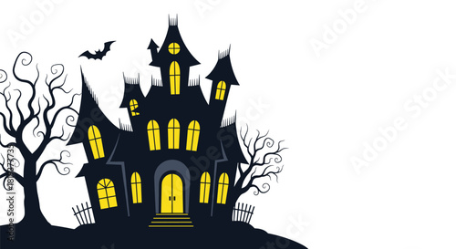 Spooky haunted house silhouette with glowing yellow windows bare trees and a bat on a white background for Halloween design.