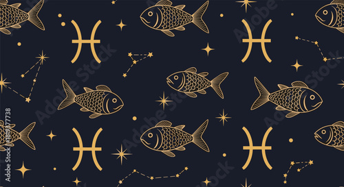 Elegant seamless astrology pattern with golden line art pisces fish zodiac symbols and constellations on a dark background.