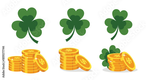Collection of Saint Patrick's Day symbols including green shamrock clovers and stacks of golden coins on a white background.
