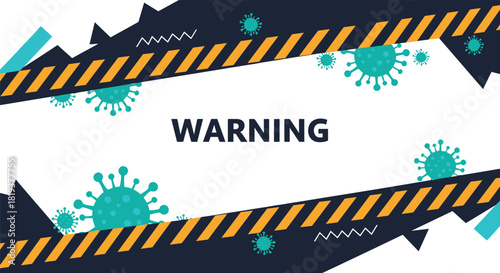Coronavirus warning banner template with virus cells and yellow and black striped caution tape on a dark abstract background.
