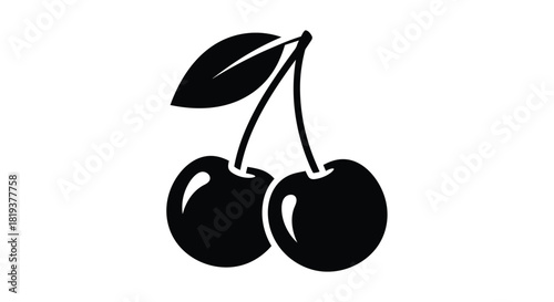 Simple black silhouette icon of two fresh cherries with a single leaf on a stem isolated on a white background.