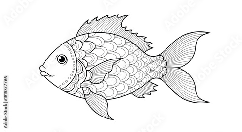 Detailed black and white line art illustration of a decorative fish with zentangle patterns for an adult coloring book page.