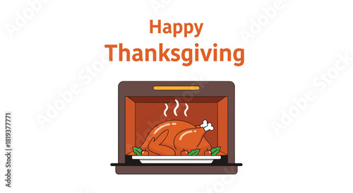 Delicious roasted turkey cooking in the oven for a festive meal celebration shown with Happy Thanksgiving text on a white background.