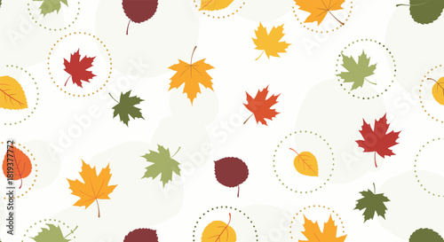 A beautiful seamless pattern of colorful falling autumn leaves in red green and yellow creating a festive seasonal background design.