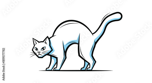 Stylized illustration of an angry or scared white cat arching its back with a bristling tail on a white background.