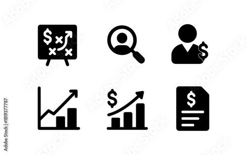 Finance and business strategy icons: charts, analytics, and reports in black silhouette