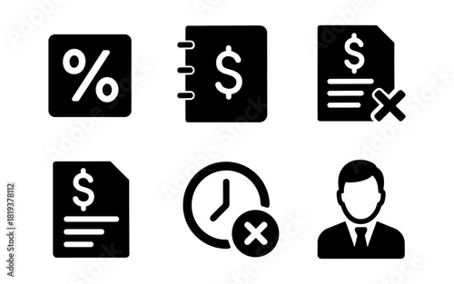 Financial document and time management icon set in simple black silhouette style