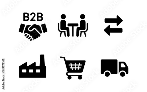 Business and logistics icons: b2b, meeting, exchange, industry, shopping, delivery