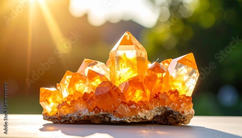 Illuminated orange calcite crystals displayed on a white surface under natural sunlight