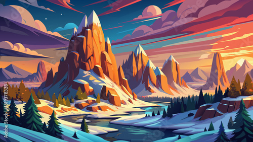 Very beautiful American winter landscape at Smith Rock showcasing rugged cliffs, snow-kissed terrain, and a vibrant, colorful sky glowing above the dramatic high-desert scenery.